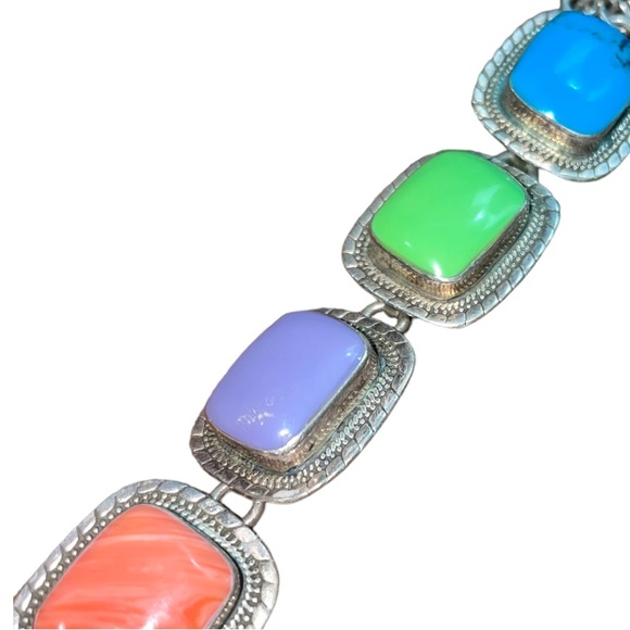 925 Sterling Silver Vintage Mexico Real Multi-Color Gem Link Bracelet 6 1/4" - Picture 8 of 8